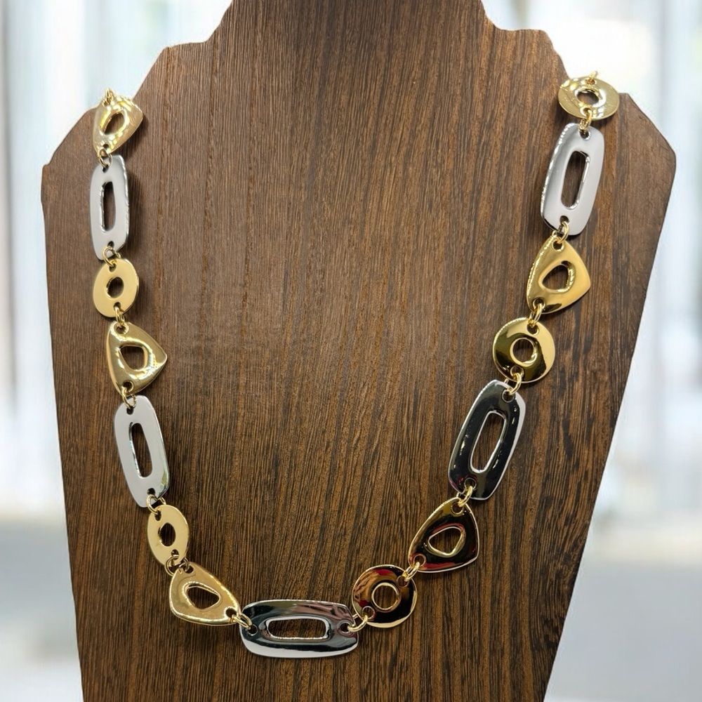 Kenneth Jay Lane KJL Modern Tri Color Necklace 25-3/4” Silver‎ Tone Adjustable